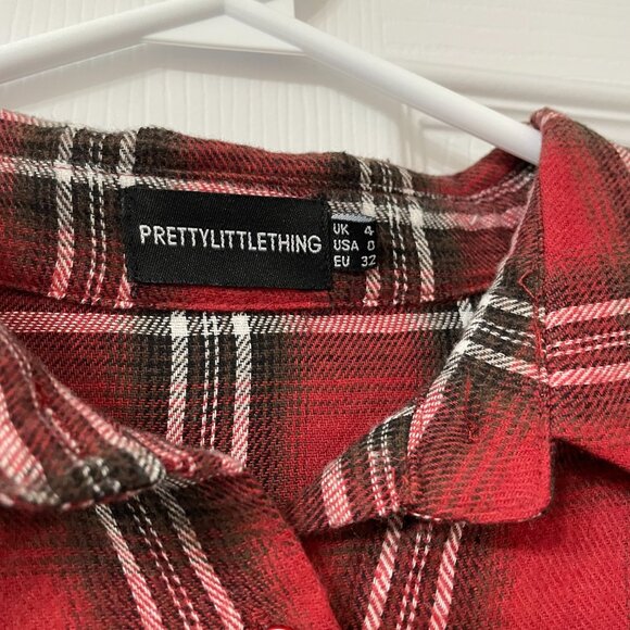 PRETTYLITTLETHING Long Red Flannel Button Up Shirt - US 0 - Picture 2 of 5